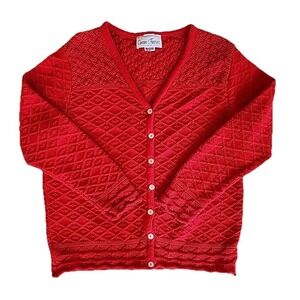Vintage 80s 90s Cardigan Twee Cottage Cable Knit Preppy Sweater Red Womens Sz PM